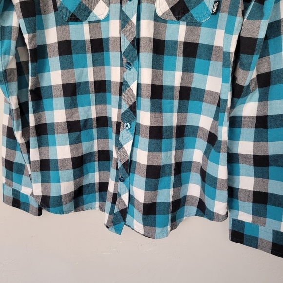 Vans Boys Large Long Sleeve Button Up Shirt Blue Black White Plaid Check Top - Picture 4 of 7